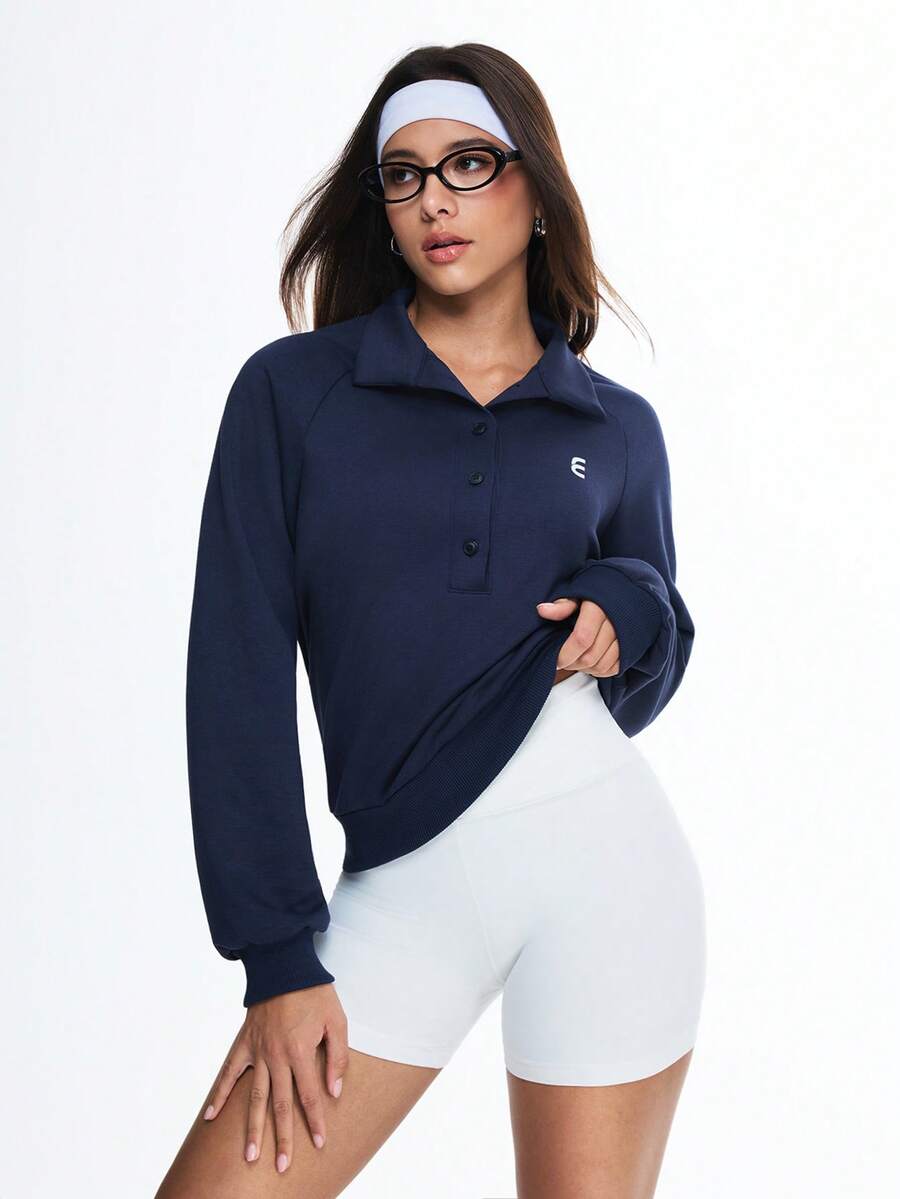 Eassivo Women's Navy Blue Long Sleeve Polo Shirt, Button-Up Collared Top With Relaxed Fit And Ribbed Hem, Lightweight Breathable Sports Sweatshirt, Elegant Tennis Golf Activewear Pullover,Cropped Quarter Zip,Polo Long Sleeve Women,Golf Sweatshirt Women,Cropped Polo Shirt - Blue - View 1