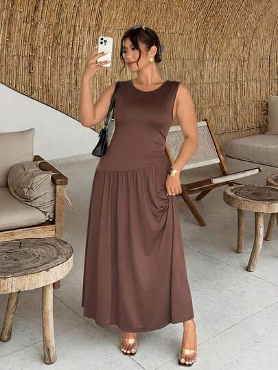 Firerie 大码女式休闲无袖纯色连衣裙，夏季