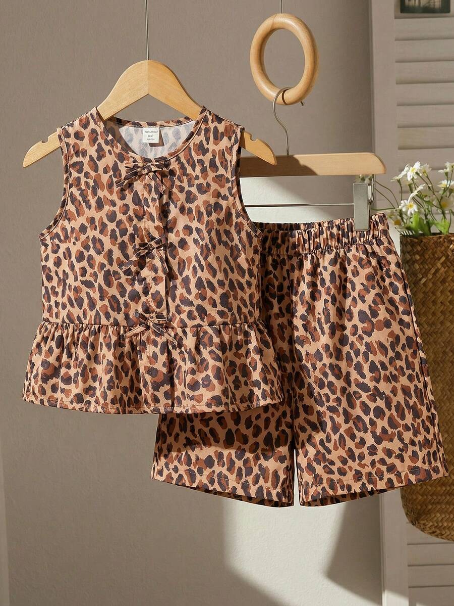 SHEIN Tween Girls Crew Neck Sleeveless Bow Decor Leopard Print Ruffle Hem Summer Shirt Set - Multicolor - View 1