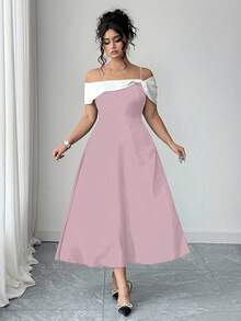 SHEIN PETITE Gaun A-Line Midi Wanita Elegan dengan Blok Warna, Tali Bahu Tipis, Bahu Terbuka, dan Pita, Musim Panas - Berwarna merah muda - View 1
