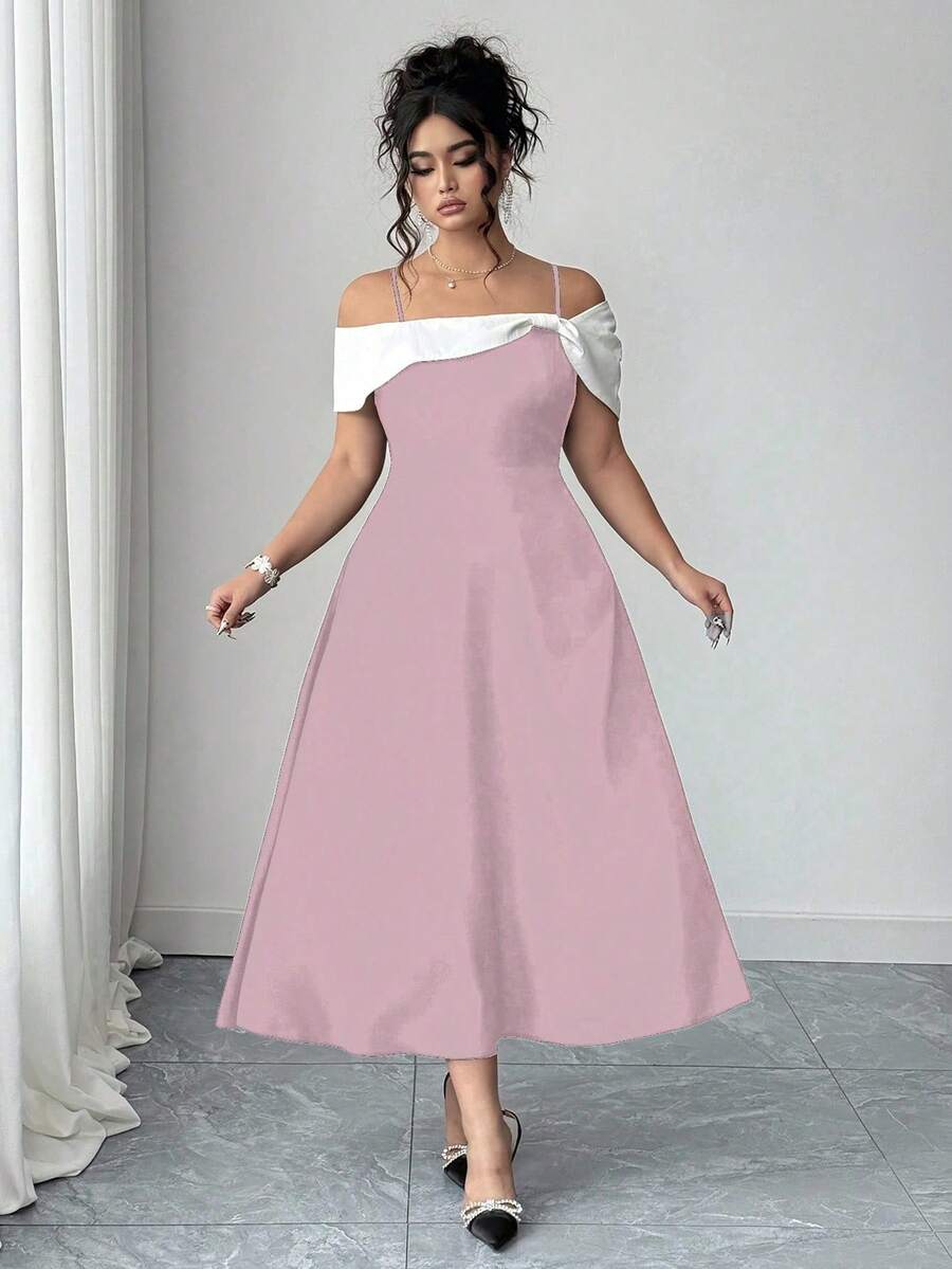 SHEIN PETITE Gaun A-Line Midi Wanita Elegan dengan Blok Warna, Tali Bahu Tipis, Bahu Terbuka, dan Pita, Musim Panas - Berwarna merah muda - View 1