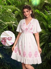 Modelyn Đầm nữ kiểu Pháp họa tiết hoa, cổ chữ V, viền bèo nhún, eo thắt, tay ngắn. - Hồng - Xem 7