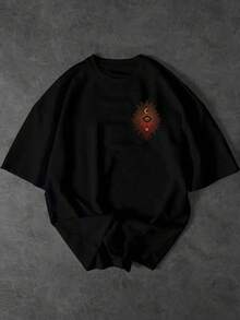 Manfinity Dauomo 男士休闲条纹眼睛印花落肩T恤，夏季 - 黑色 - 查看 2