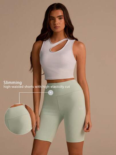 Fluxe Quần short nữ màu trơn cạp cao, kiểu dáng thường ngày, đa năng, thích hợp cho hoạt động thể thao ngoài trời, yoga.