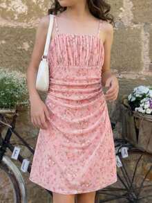 SHEIN Tween Girls' Sweet Ditsy Floral Ruffle Strap Summer Dress - Pink - View 3