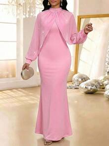 SHEIN Lady 女士纯色仿珍珠装饰长袖优雅连衣裙 - 粉色 - 查看 5