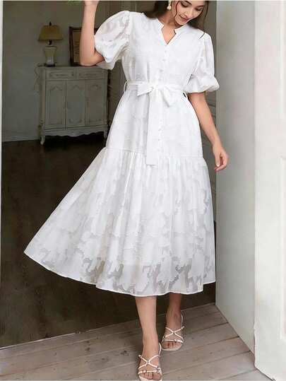 Modelyn Floral Cutout Decor Petal Sleeve White Dress With Belt