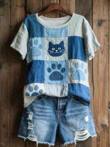 Camiseta casual cómoda con cuello redondo y estampado de gato vintage patchwork para mujer, adecuada para uso casual diario - Neblina azul - Ver 3