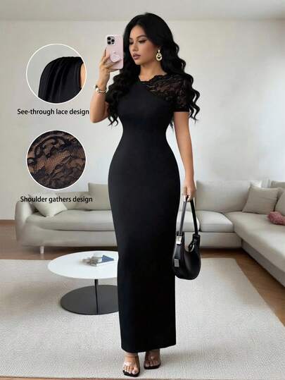 Rafferiza Elegant And Sexy Black Lace-Trimmed, Off-Shoulder, Bodycon, Fitted, Slit Black Comfortable Dress For Women. Suitable For Summer, Spring, Holidays, Parties, And More. Also Suitable For Vacations, Holidays, And Work. Features Include Stretchy Fit, Slit Hem, Long Length, Fitted Waist, Beachwear, Beach Outfits, Vacation Dresses, Party Dresses, Lace-Trimmed Dresses, Black Bodycon Dresses, And Elegant Black Dresses.Graduation Season Attire, Fashionable Casual Commuter Wear, Business Office Wear, Versatile And Stylish Everyday Casual Wear, Urban Teacher's Professional Attire