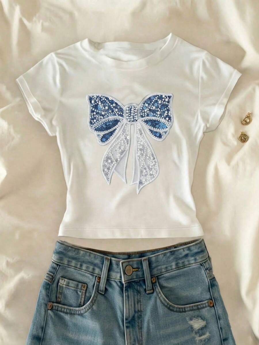 Camiseta de manga corta con cuello redondo y decoración de lazo para adolescentes, adecuada para uso diario, salidas y escuela - Blanco - Ver 1