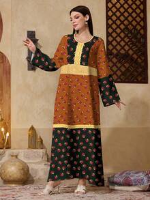 Al Najma 优雅撞色拼接碎花阿拉伯风格连衣裙 - 彩色 - 查看 4