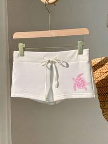 SHEIN Comfortcana Quần short dáng ôm màu trắng, tối giản, in hình rùa biển, có dây rút. - trắng - Xem 4