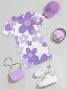 春夏少女休闲时尚创意清新紫色花卉底色可爱卡通蓝色兔子图案印花舒适短袖T恤裙，温暖的夏秋款式，适合年轻女孩穿着。 - 彩色 - 查看 2