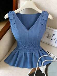 Endroma 女士时尚优雅收腰褶皱吊带背心 - 霧霾藍 - 查看 7