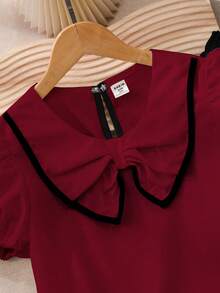 SHEIN 2pcs/Set Young Girl' Burgundy Shirt Top, Contrast Tie-Dye, Black Casual Pants, Leisure Outfit - Burgundy - View 4