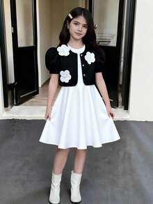SHEIN 3件組青少年女孩黑白夏季茶會編織泡泡短袖短版開襟衫、無袖A字洋裝與3D花朵貝雷帽 - 黑與白 - 查看 3