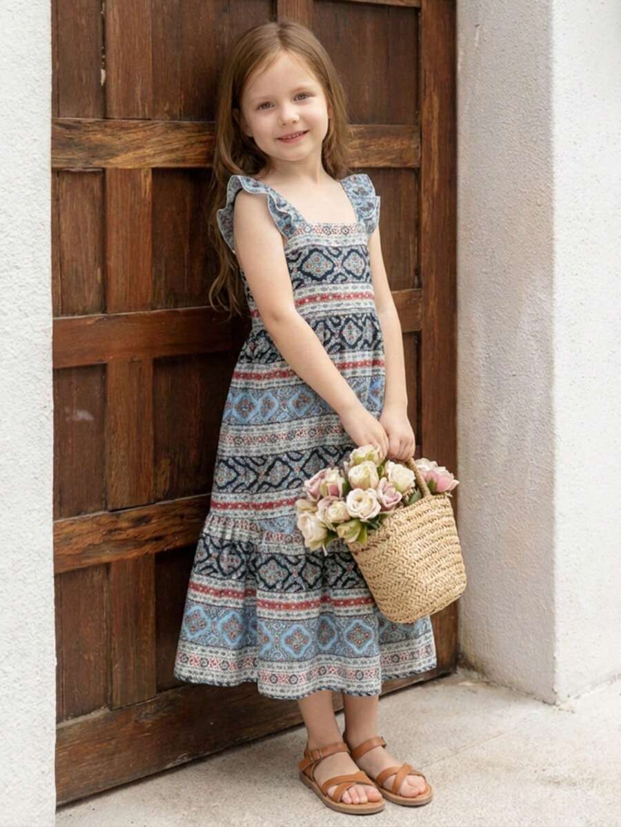 SHEIN Young Girl Woven Striped Ruffle Hem Casual Dress - Multicolor - View 1