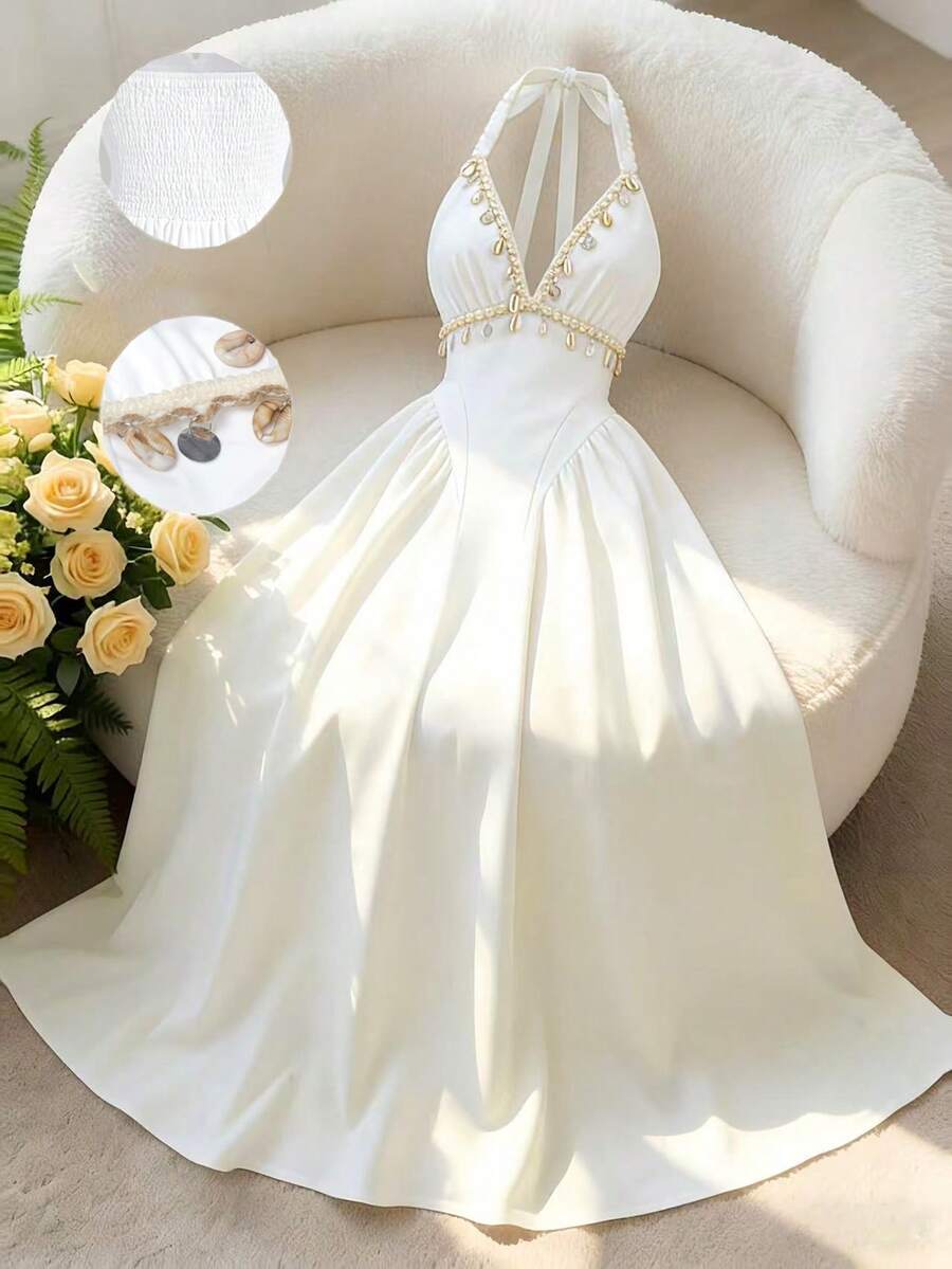 Qadelle 女士系带领口褶皱腰身优雅长裙，适合派对和各种场合 - 杏色 - 查看 1