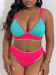 Slaydiva Women's V-Neck Ruffled Drawstring Waist Beach Resort Plus Size Swimwear Set, Spring/Summer - Multicolor - View 5