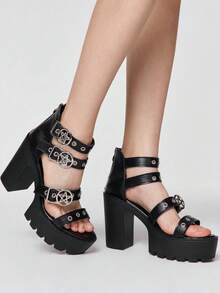 ROMWE Goth 女士哥特风厚底凉鞋，朋克摇滚风格搭扣露趾粗跟高跟鞋 - 黑色亞光 - 查看 1