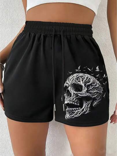 EMERY ROSE Spring And Summer Skull Print Shorts, Casual Drawstring Shorts, Spring And Summer Short Pants.