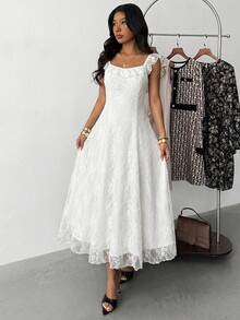 少女休闲优雅针织蕾丝荷叶边腰连衣裙，白色雪纺连衣裙，法式仙女裙，适合情人节、婚礼季等场合，蕾丝连衣裙 - 白色 - 查看 6