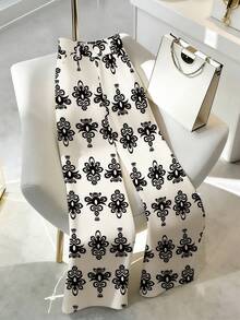 Franclia Women's New Casual High Waist Printed Wide Leg Pants, Versatile Black And White Pants Pattern Pants Floral Pants Flower Pants Cute Pants Floral Pants For Women Printed Pants For Women - Apricot - View 5