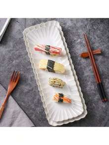 This Retro-Style, Long Ceramic Food Plate With A Chrysanthemum Pattern Is Perfect For Serving Sushi, Dumplings, And Other Similar Dishes. - Multicolor - View 12