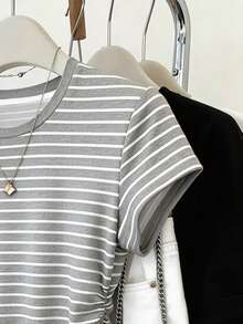 Resyla Striped Digital Print Casual Women's T-Shirt With Drawstring Waist, A Gift For Friends - Multicolor - View 3