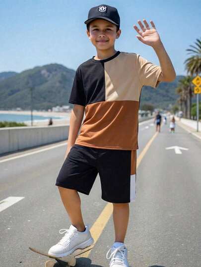 SHEIN 2件套男童休闲校园风撞色圆领短袖短裤套装，字母印花，适合通勤、上学、日常休闲、运动、春夏穿着