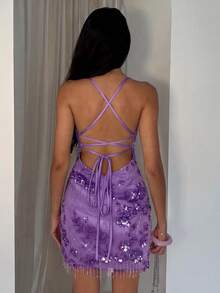 Glamine 新款女士手工3D花朵亮片拼接性感露背系带迷你修身吊带裙，粉色刺绣亮片，优雅连衣裙，适合约会、派对、性感派对、鸡尾酒会、街头风、海滩度假、万圣节、返校季等场合。 - 紫色 - 查看 2