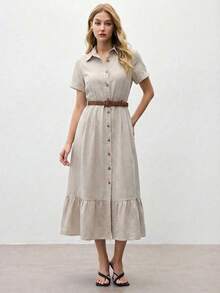 Women's Casual Elegant A-Line Mid-Length Dress, With Collar Short Batwing Sleeves, Front Button Design, Ruffle Hem - Light Beige - View 4