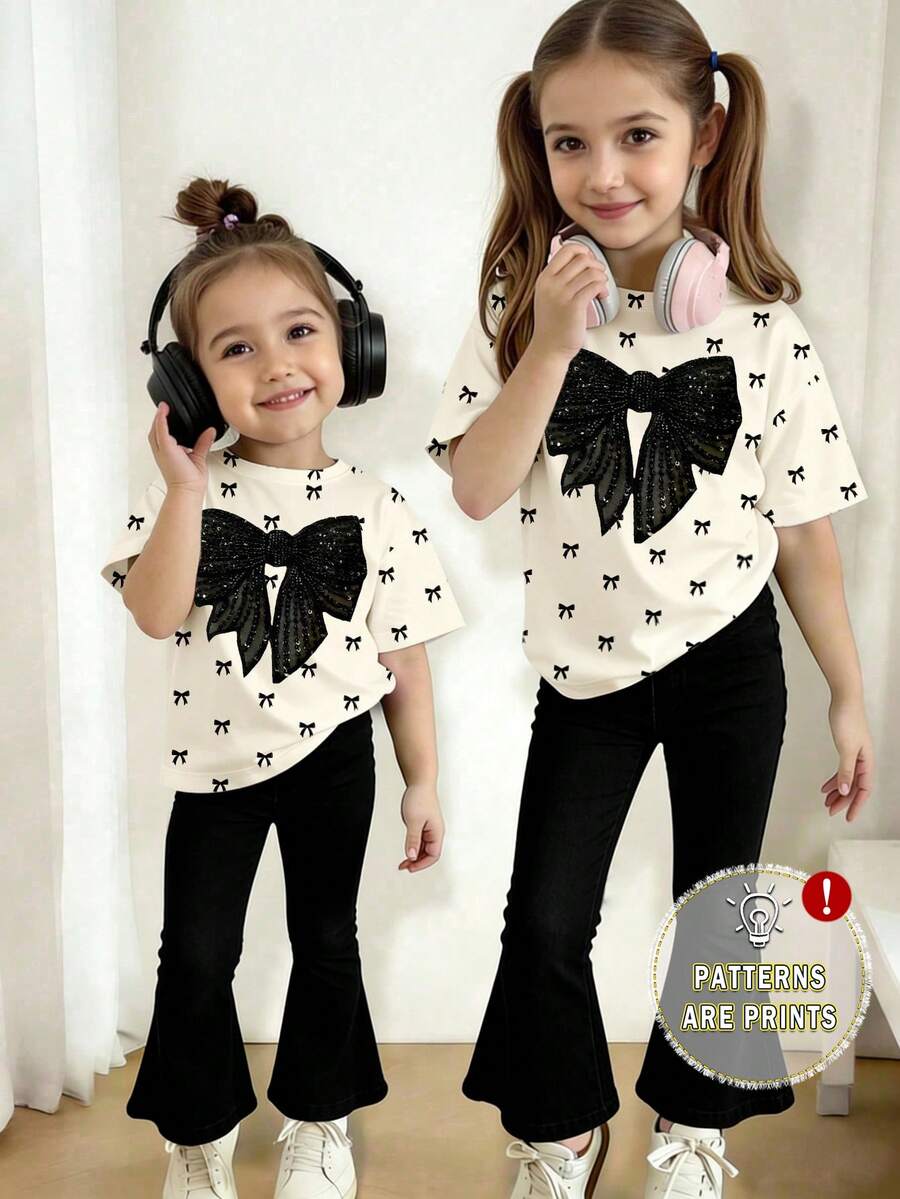 春夏两件套：休闲蝴蝶印花短款T恤搭配舒适打底裤，适合女宝宝，春、夏、秋季日常穿着。 - 彩色 - 查看 1