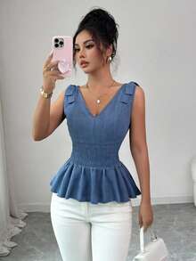 Endroma 女士时尚优雅收腰褶皱吊带背心 - 霧霾藍 - 查看 5