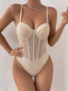 Glamine Solid Color Spaghetti Strap Fishbone Seam Sleeveless Stylish Bodysuit - Khaki - View 5