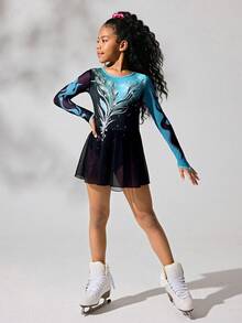 SHEIN Bộ đồ thể thao trượt băng nghệ thuật tay dài dành cho bé gái tuổi teen, thiết kế ombre nhiều màu sắc, váy lưới mềm mại và co giãn, thoải mái cho biểu diễn và luyện tập trượt băng nghệ thuật. - Nhiều màu - Xem 5