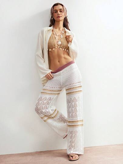 Bohemela 女士拼接镂空休闲百搭日常针织阔腿裤