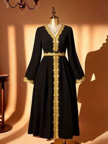 Plus Size Long Sleeve V-Neck Color Block A-Line Arabic Style Dress With Gold Lace Trim - Black - View 8