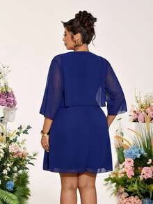 Elenzga Ensemble de deux pièces robe d'été élégante à col rond en mousseline de soie avec manches courtes pour femmes grandes tailles, avec accessoires. - bleu indigo - Voir 2