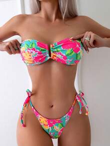Swim Basics Summer Beach Floral Print Bandeau Tie Side Bikini Set - Multicolor - View 4