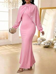 SHEIN Lady 女士纯色仿珍珠装饰长袖优雅连衣裙 - 粉色 - 查看 6