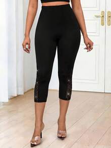 SHEIN Lady 女士休闲水钻撞色网眼七分短裤 - 黑色 - 查看 7