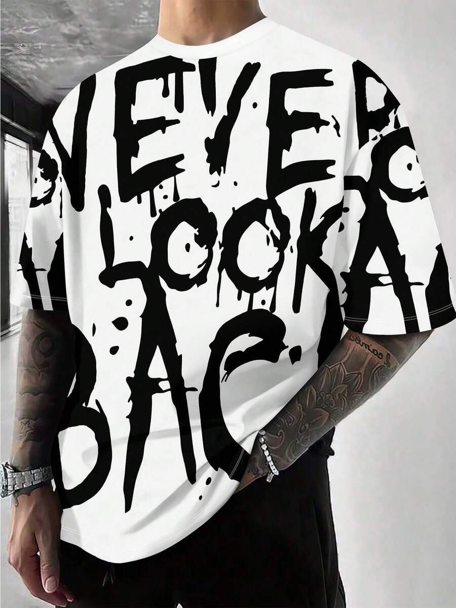 Manfinity Men's Letter Print Round Neck Casual Loose T-Shirt - Multicolor - View 1