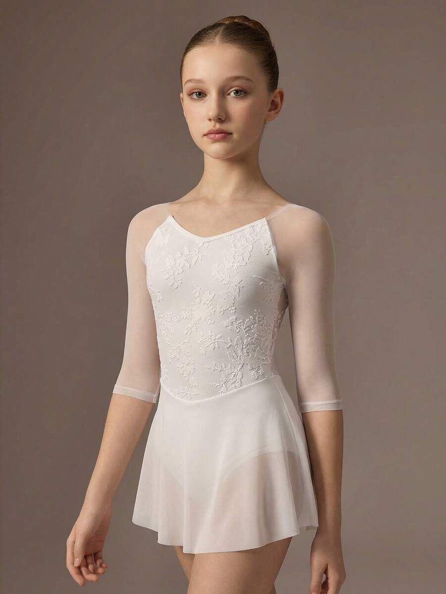 Tween Girls White Minimalist V-Neck High Stretch Fabric Velvet Lace Contrast Mesh Long Sleeve Leotard Dress, Suitable For School, Professional Ballet, Gymnastics, Dance Studio Training - White - View 1