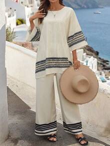 Balvessa 2pcs/Set Women Casual Vacation Summer Placement Print Pattern Round Neck Loose Comfortable Shirt + Pants - Apricot - View 6