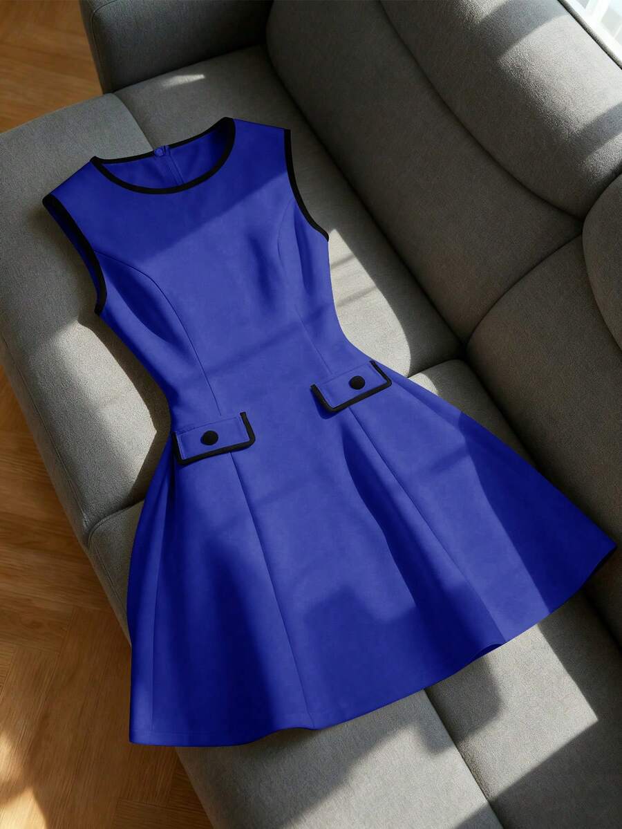 EMERY ROSE 无袖圆领收腰A字撞色休闲通勤简约优雅浪漫女装 - 寶藍色 - 查看 1