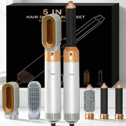 Teckwe 5-In-1 Hot Air Styler & Hair Dryer - Ionic Detachable Brush | Touch-Up Voluminous Finish, Curling Iron & Straightener | Mother's Day & Perfect Halloween & Christmas Gift (White Gold/Grey Red) European Standard Plug
