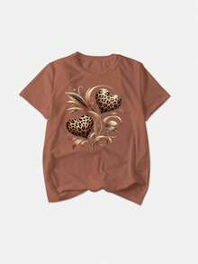 EMERY ROSE 大码女式休闲向日葵豹纹短袖圆领T恤 - 棕色 - 查看 3