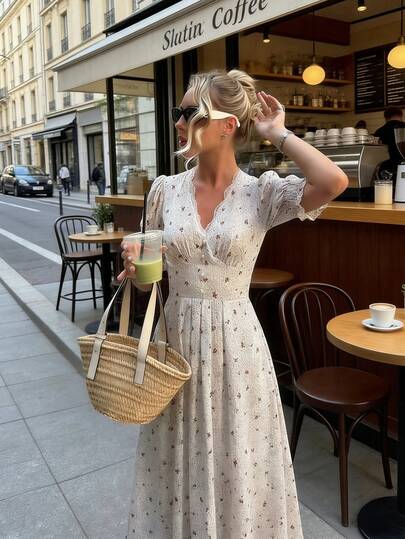 Pariaura French Floral Midi Dress: Bubble Sleeve V-Neck + Waist-Defined Silhouette, Embracing A Gentle And Healing Spring-Summer Forest-Chic Aesthetic Polka Dot Dress Women French Style Dress Cottagecore Dress Floral Print Dress