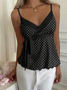 CovetEZ Áo camisole nữ chấm bi xoắn, kiểu dáng thường ngày, đa năng, thích hợp cho buổi hẹn hò. - màu đen - Xem 2
